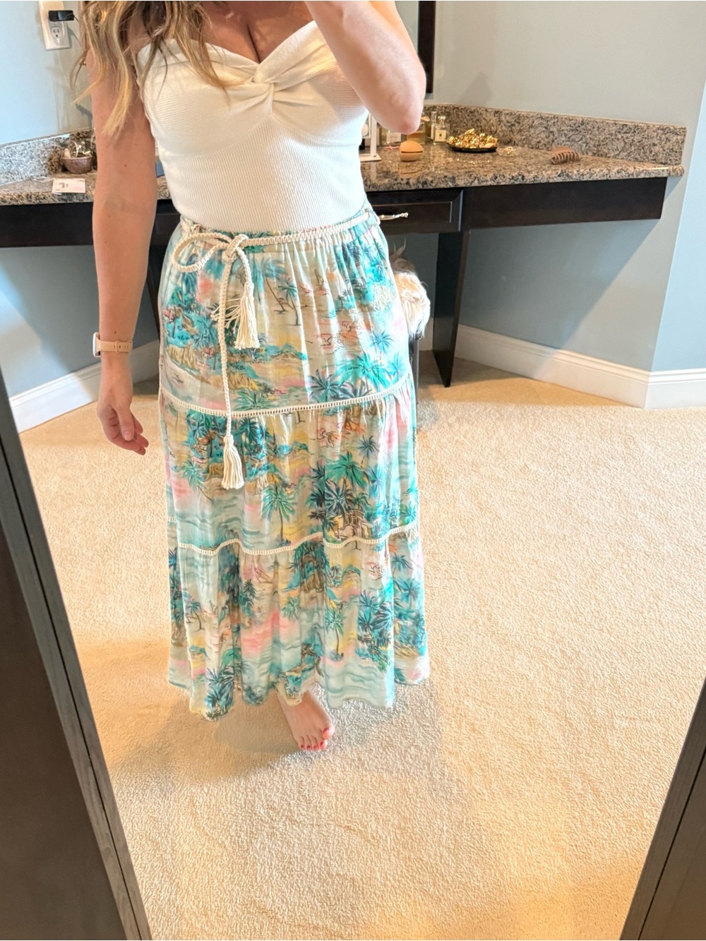 Women’s Beach Print Tiered Maxi Skirt - Teal & Cream small